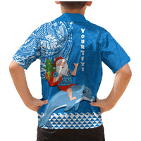 Custom Hawaii Mele Kalikimaka Family Matching Mermaid Dress and Hawaiian Shirt Santa Riding The DolPhin Mix Kakau Pattern Blue Style LT03 - Polynesian Pride