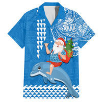 Custom Hawaii Mele Kalikimaka Family Matching Off Shoulder Short Dress and Hawaiian Shirt Santa Riding The DolPhin Mix Kakau Pattern Blue Style LT03 Dad's Shirt - Short Sleeve Blue - Polynesian Pride