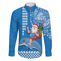 Custom Hawaii Mele Kalikimaka Family Matching Summer Maxi Dress and Hawaiian Shirt Santa Riding The DolPhin Mix Kakau Pattern Blue Style LT03 Dad's Shirt - Long Sleeve Blue - Polynesian Pride