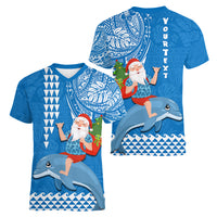 Custom Hawaii Mele Kalikimaka Women V Neck T Shirt Santa Riding The DolPhin Mix Kakau Pattern Blue Style LT03 - Polynesian Pride