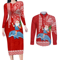 Custom Hawaii Mele Kalikimaka Couples Matching Long Sleeve Bodycon Dress and Long Sleeve Button Shirt Santa Riding The DolPhin Mix Kakau Pattern Red Style LT03 Red - Polynesian Pride