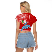 Custom Hawaii Mele Kalikimaka Raglan Cropped T Shirt Santa Riding The DolPhin Mix Kakau Pattern Red Style LT03 - Polynesian Pride