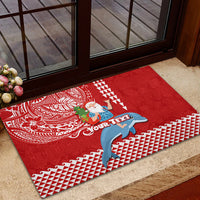 Custom Hawaii Mele Kalikimaka Rubber Doormat Santa Riding The DolPhin Mix Kakau Pattern Red Style LT03 - Polynesian Pride