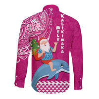 Hawaii Mele Kalikimaka Long Sleeve Button Shirt Santa Riding The DolPhin Mix Kakau Pattern Pink Style LT03 - Polynesian Pride