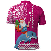 Hawaii Mele Kalikimaka Polo Shirt Santa Riding The DolPhin Mix Kakau Pattern Pink Style LT03 - Polynesian Pride