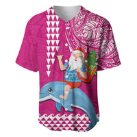 Custom Hawaii Mele Kalikimaka Baseball Jersey Santa Riding The DolPhin Mix Kakau Pattern Pink Style LT03 Pink - Polynesian Pride