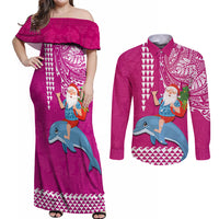 Custom Hawaii Mele Kalikimaka Couples Matching Off Shoulder Maxi Dress and Long Sleeve Button Shirt Santa Riding The DolPhin Mix Kakau Pattern Pink Style LT03 Pink - Polynesian Pride
