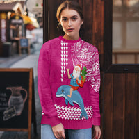 Custom Hawaii Mele Kalikimaka Ugly Christmas Sweater Santa Riding The DolPhin Mix Kakau Pattern Pink Style LT03 - Polynesian Pride