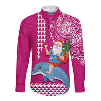 Custom Hawaii Mele Kalikimaka Long Sleeve Button Shirt Santa Riding The DolPhin Mix Kakau Pattern Pink Style LT03 Unisex Pink - Polynesian Pride