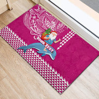 Custom Hawaii Mele Kalikimaka Rubber Doormat Santa Riding The DolPhin Mix Kakau Pattern Pink Style LT03 - Polynesian Pride