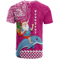 Custom Hawaii Mele Kalikimaka T Shirt Santa Riding The DolPhin Mix Kakau Pattern Pink Style LT03 - Polynesian Pride