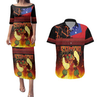 Samoan Siva Afi Couples Matching Puletasi and Hawaiian Shirt Tribal Performers of Samoan Fire Knife Dancing