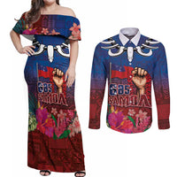 Proud of Samoa Couples Matching Off Shoulder Maxi Dress and Long Sleeve Button Shirt Ula Nifo with Samoa 685 and Hibiscus Tapa Tribal Pattern