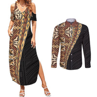 Samoan Siapo Couples Matching Summer Maxi Dress and Button Shirt - Tatau Pattern Half Style Retro Mode LT03 Brown - Polynesian Pride