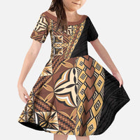 Samoan Siapo Family Matching Short Sleeve Bodycon Dress and Hawaiian Shirt - Tatau Pattern Half Style Retro Mode LT03 Daughter's Dress Brown - Polynesian Pride