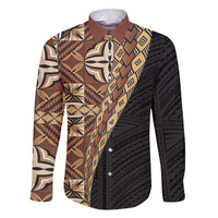 Samoan Siapo Family Matching Short Sleeve Bodycon Dress and Hawaiian Shirt - Tatau Pattern Half Style Retro Mode LT03 Dad's Shirt - Long Sleeve Brown - Polynesian Pride