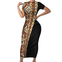 Samoan Siapo Family Matching Short Sleeve Bodycon Dress and Hawaiian Shirt - Tatau Pattern Half Style Retro Mode LT03 Mom's Dress Brown - Polynesian Pride