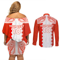 Custom Tonga Rugby Couples Matching Off Shoulder Short Dress and Long Sleeve Button Shirt Ikale Tahi Ngatu Tribal Pattern LT03 - Polynesian Pride