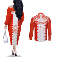 Custom Tonga Rugby Couples Matching Off The Shoulder Long Sleeve Dress and Long Sleeve Button Shirt Ikale Tahi Ngatu Tribal Pattern LT03
