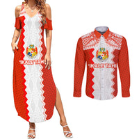 Custom Tonga Rugby Couples Matching Summer Maxi Dress and Long Sleeve Button Shirt Ikale Tahi Ngatu Tribal Pattern LT03 Orange - Polynesian Pride