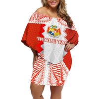 Custom Tonga Rugby Off Shoulder Short Dress Ikale Tahi Ngatu Tribal Pattern LT03 Women Orange - Polynesian Pride