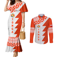 Custom Tonga Rugby Couples Matching Mermaid Dress and Long Sleeve Button Shirt Ikale Tahi Ngatu Tribal Pattern Half Style LT03 Orange - Polynesian Pride