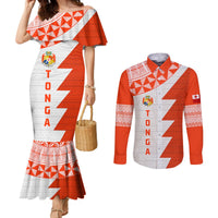Custom Tonga Rugby Couples Matching Mermaid Dress and Long Sleeve Button Shirt Ikale Tahi Ngatu Tribal Pattern Half Style LT03 Orange - Polynesian Pride