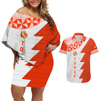 Custom Tonga Rugby Couples Matching Off Shoulder Short Dress and Hawaiian Shirt Ikale Tahi Ngatu Tribal Pattern Half Style LT03 Orange - Polynesian Pride