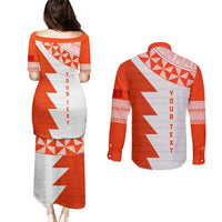 Custom Tonga Rugby Couples Matching Puletasi and Long Sleeve Button Shirt Ikale Tahi Ngatu Tribal Pattern Half Style LT03 - Polynesian Pride