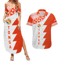 Custom Tonga Rugby Couples Matching Summer Maxi Dress and Hawaiian Shirt Ikale Tahi Ngatu Tribal Pattern Half Style LT03 Orange - Polynesian Pride