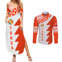 Custom Tonga Rugby Couples Matching Summer Maxi Dress and Long Sleeve Button Shirt Ikale Tahi Ngatu Tribal Pattern Half Style LT03 Orange - Polynesian Pride