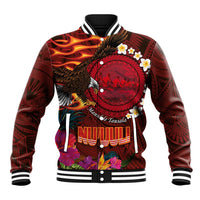 American Samoa Manulele Tausala Nu'uuli Baseball Jacket Tatau Art Pattern with Tropical Plants LT03 Unisex Red - Polynesian Pride