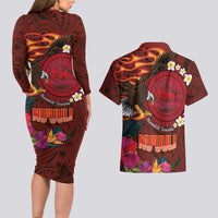 American Samoa Manulele Tausala Nu'uuli Couples Matching Long Sleeve Bodycon Dress and Hawaiian Shirt Tatau Art Pattern with Tropical Plants