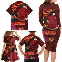 American Samoa Manulele Tausala Nu'uuli Family Matching Long Sleeve Bodycon Dress and Hawaiian Shirt Tatau Art Pattern with Tropical Plants