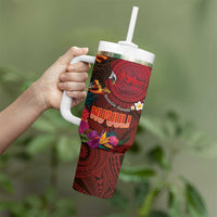 American Samoa Manulele Tausala Nu'uuli Tumbler With Handle Tatau Art Pattern with Tropical Plants