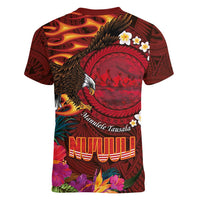 American Samoa Manulele Tausala Nu'uuli Women V-Neck T-Shirt Tatau Art Pattern with Tropical Plants LT03 - Polynesian Pride