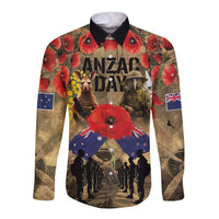 Australia and New Zealand ANZAC Day Long Sleeve Button Shirt Kangaroo and Kiwi Bird Soldier-Honor and Remember Vintage Style