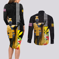 Hawaii King Kamehameha Day Couples Matching Long Sleeve Bodycon Dress and Long Sleeve Button Shirt Kanaka Maoli Hibiscus Flower and Kakau Pattern