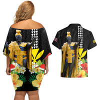 Hawaii King Kamehameha Day Couples Matching Off Shoulder Short Dress and Hawaiian Shirt Kanaka Maoli Hibiscus Flower and Kakau Pattern
