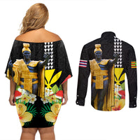 Hawaii King Kamehameha Day Couples Matching Off Shoulder Short Dress and Long Sleeve Button Shirt Kanaka Maoli Hibiscus Flower and Kakau Pattern LT03 - Polynesian Pride