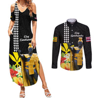 Hawaii King Kamehameha Day Couples Matching Summer Maxi Dress and Long Sleeve Button Shirt Kanaka Maoli Hibiscus Flower and Kakau Pattern LT03 Black - Polynesian Pride
