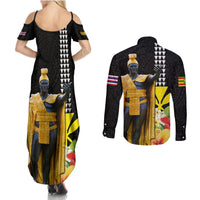 Hawaii King Kamehameha Day Couples Matching Summer Maxi Dress and Long Sleeve Button Shirt Kanaka Maoli Hibiscus Flower and Kakau Pattern LT03 - Polynesian Pride