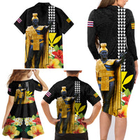 Hawaii King Kamehameha Day Family Matching Long Sleeve Bodycon Dress and Hawaiian Shirt Kanaka Maoli Hibiscus Flower and Kakau Pattern