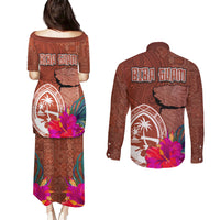 Chamorro Biba Guam Couples Matching Puletasi and Long Sleeve Button Shirt Latte Stone Tribal and Hibiscus Flower Tapa Pattern LT03 - Polynesian Pride