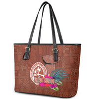 Chamorro Biba Guam Leather Tote Bag Latte Stone Tribal and Hibiscus Flower Tapa Pattern