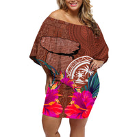 Chamorro Biba Guam Off Shoulder Short Dress Latte Stone Tribal and Hibiscus Flower Tapa Pattern LT03 Women Brown - Polynesian Pride