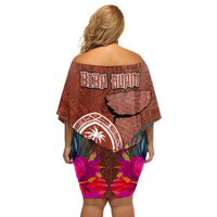 Chamorro Biba Guam Off Shoulder Short Dress Latte Stone Tribal and Hibiscus Flower Tapa Pattern LT03 - Polynesian Pride