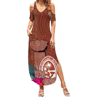 Chamorro Biba Guam Summer Maxi Dress Latte Stone Tribal and Hibiscus Flower Tapa Pattern LT03 Women Brown - Polynesian Pride