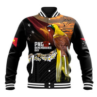 Papua New Guinea Remembrance Day Baseball Jacket Bird of Paradise Plumeria Flower and Polynesian Pattern LT03 Unisex Black - Polynesian Pride