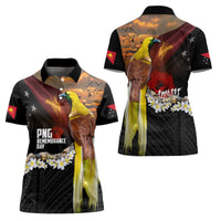 Papua New Guinea Remembrance Day Women Polo Shirt Bird of Paradise Plumeria Flower and Polynesian Pattern